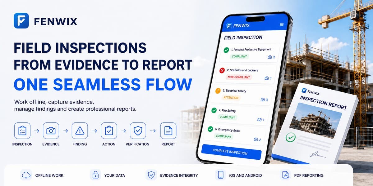 Fenwix field inspection workflow showing offline work, evidence capture, findings, verification and a professional report.
