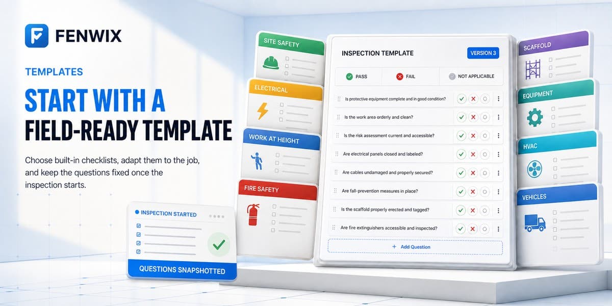 Field-ready inspection template library with editable questions, response controls and a snapshotted inspection record.