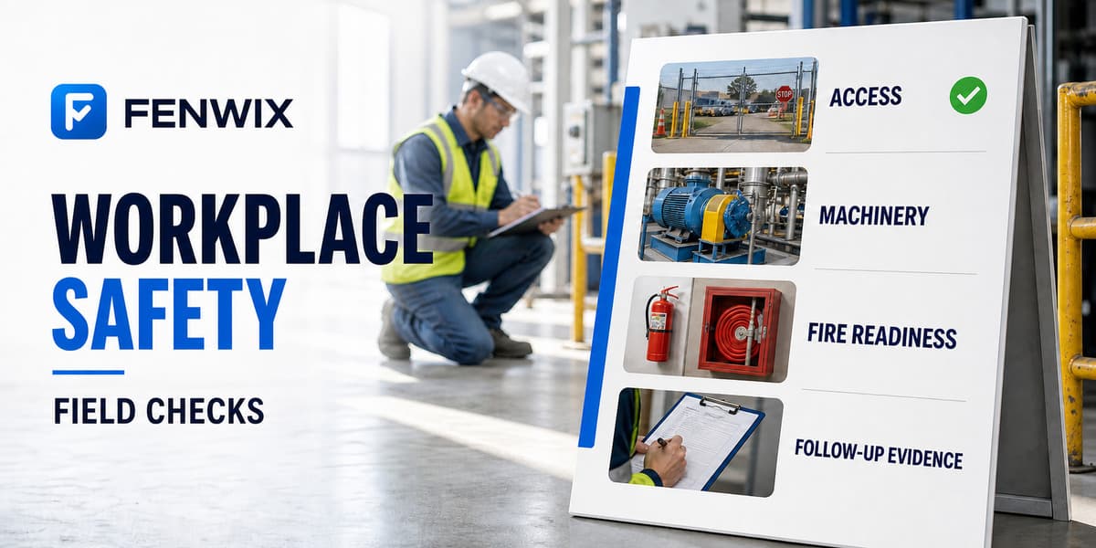 Workplace safety checklist covering access, machinery, fire readiness and follow-up evidence.