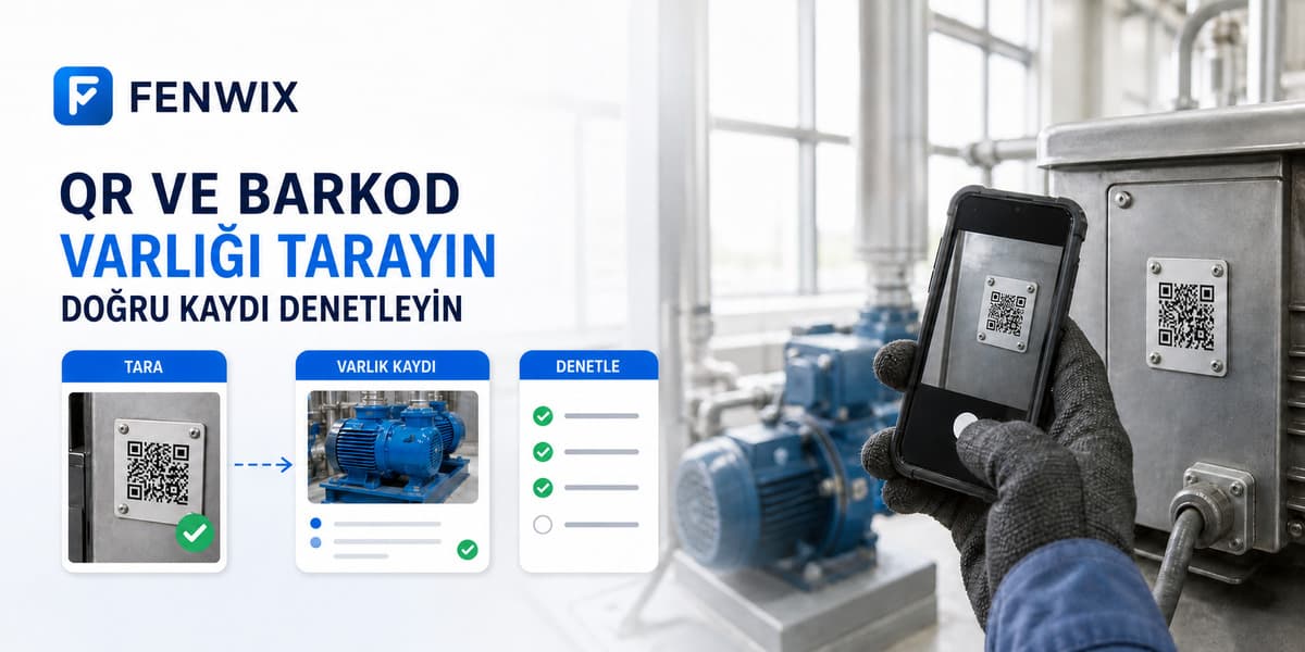 Varlık taramasının denetim öncesinde doğru kaydı bulmasını gösteren QR ve barkod akışı.