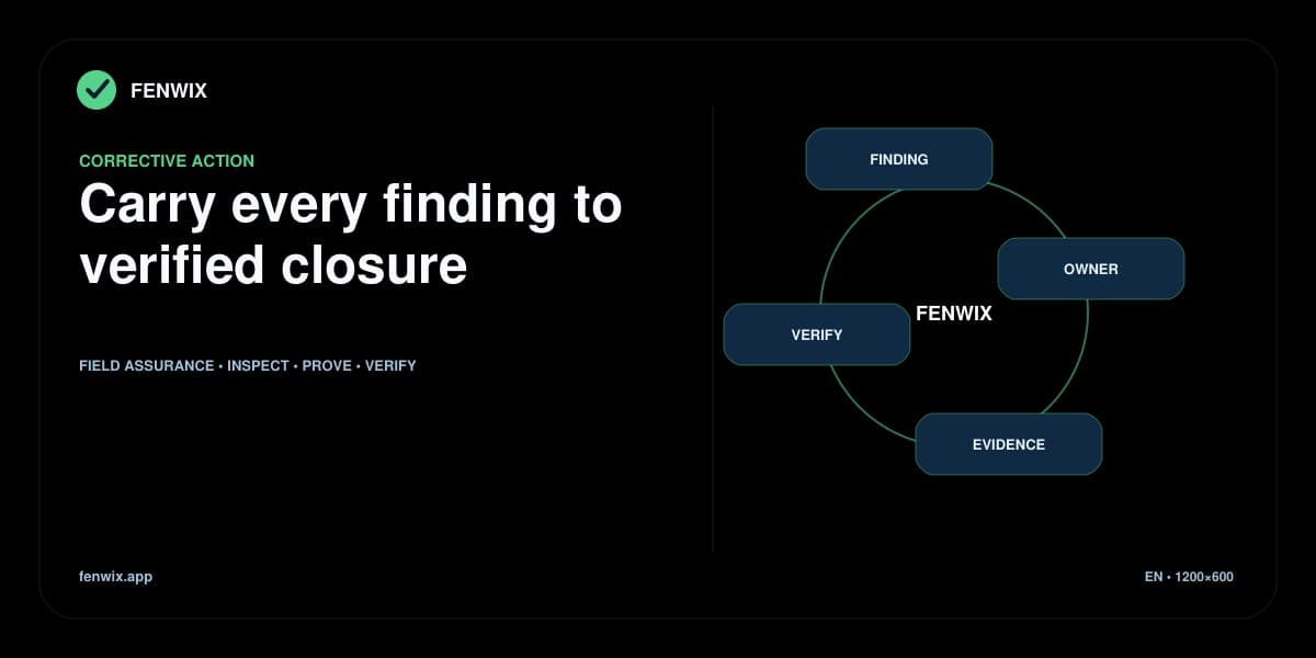 Closed-loop corrective action diagram connecting a finding, owner, completion evidence and verification.