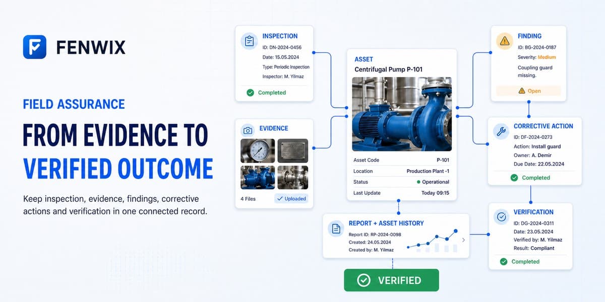 Connected Field Assurance record linking inspection, evidence, finding, corrective action, verification and asset history.