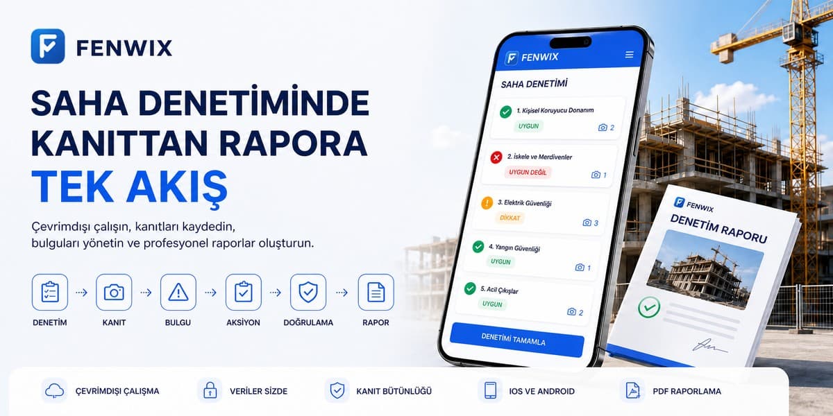 Çevrimdışı çalışma, kanıt kaydı, bulgu, doğrulama ve profesyonel raporu birleştiren Fenwix saha denetimi akışı.