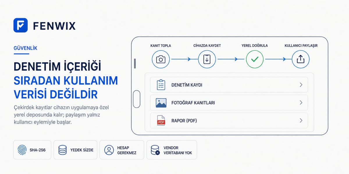 Uygulamaya özel kayıtları, cihazda saklamayı, yerel doğrulamayı ve kullanıcı başlatmalı paylaşımı gösteren yerel veri mimarisi.