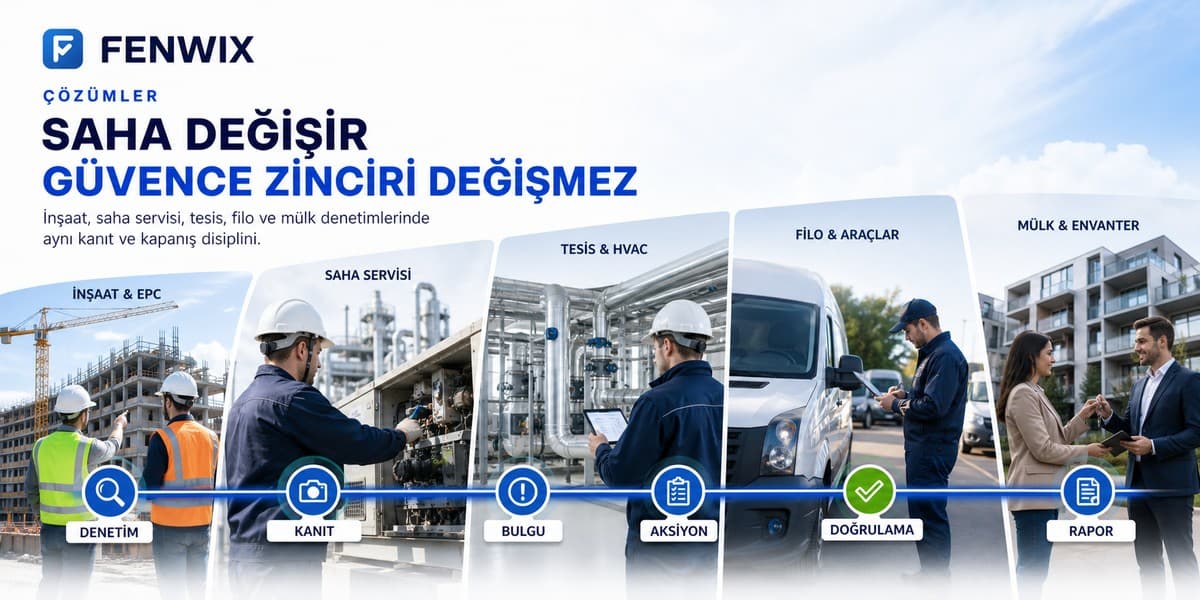 İnşaat, saha servisi, tesis, filo ve mülk denetimlerinde ilerleyen ortak güvence akışı.