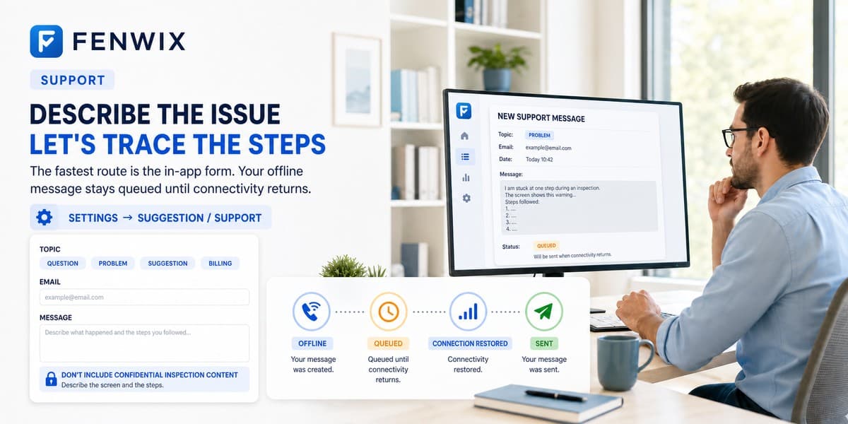 Fenwix support message created offline, queued until connectivity returns and then sent for review.