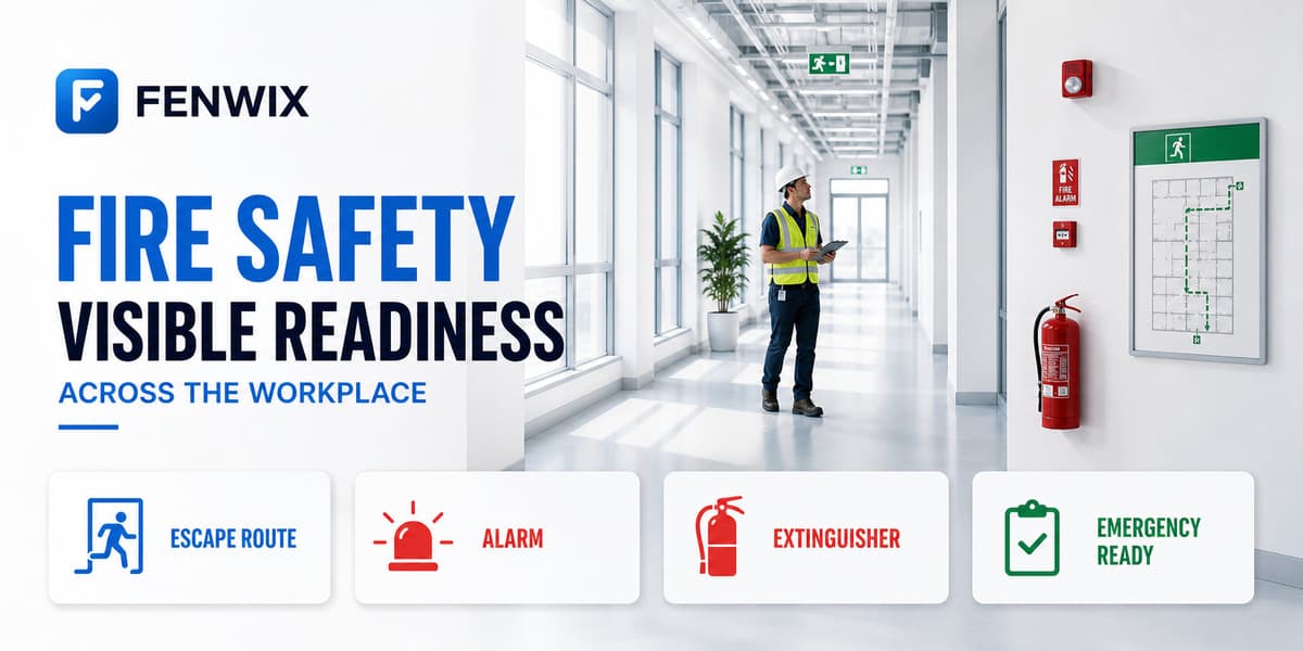 Fire-safety checklist covering escape routes, alarms, extinguishers and emergency readiness.