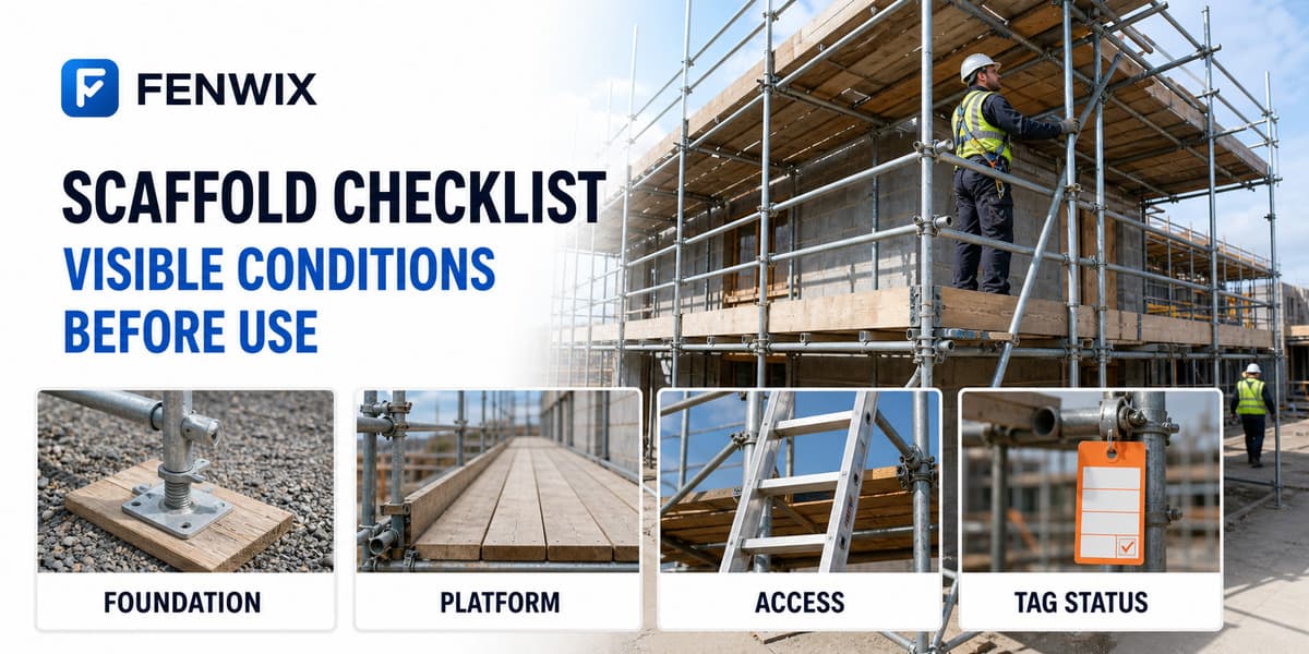 Scaffold field checklist covering foundations, platforms, access and inspection tag status.