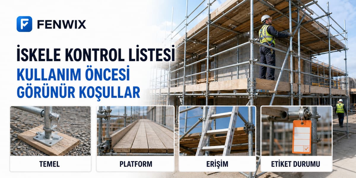 İskele temeli, platformu, erişimi ve kontrol etiketi durumunu kapsayan saha kontrol listesi.