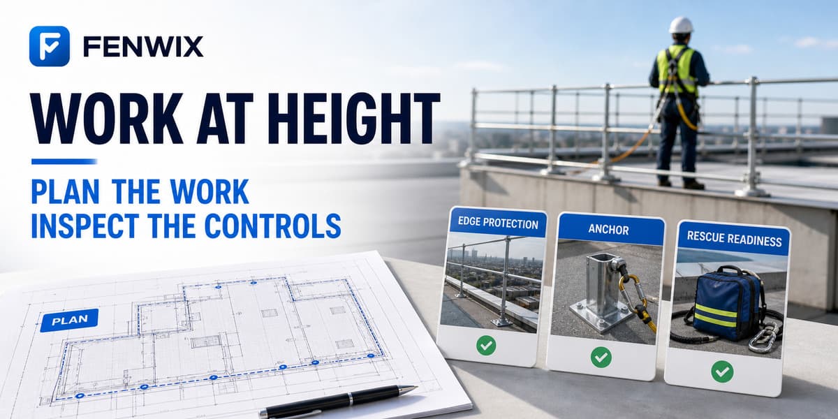 Working-at-height checklist covering planning, edge controls, anchors and rescue readiness.