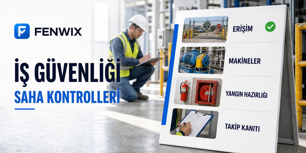 Erişim, makine, yangın hazırlığı ve takip kanıtını kapsayan iş güvenliği kontrol listesi.