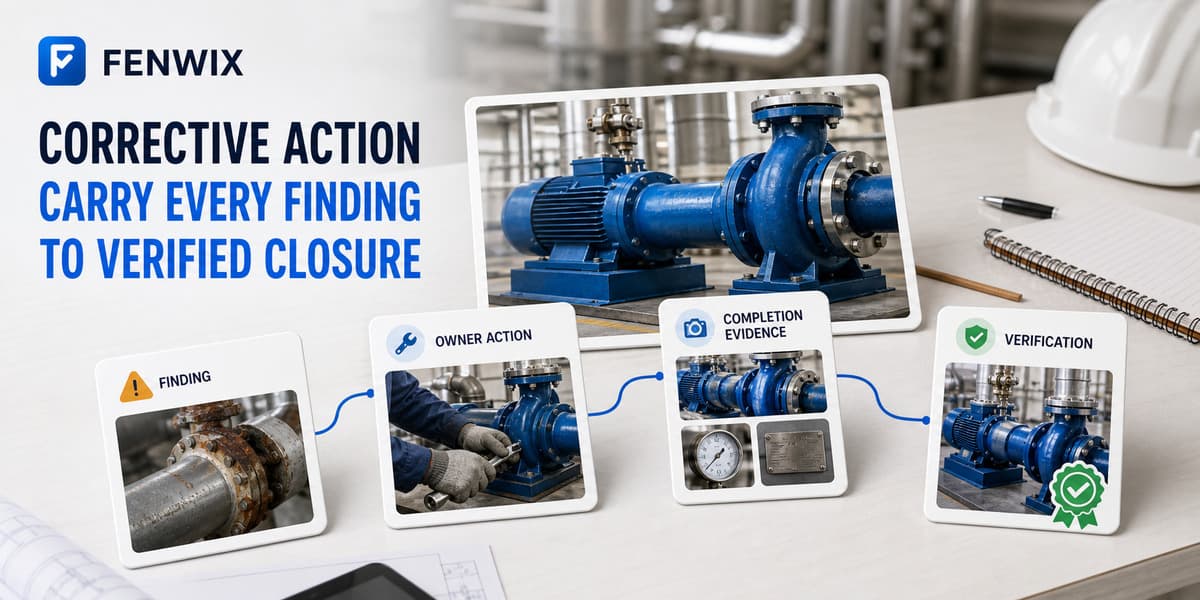 Closed-loop corrective action diagram connecting a finding, owner, completion evidence and verification.