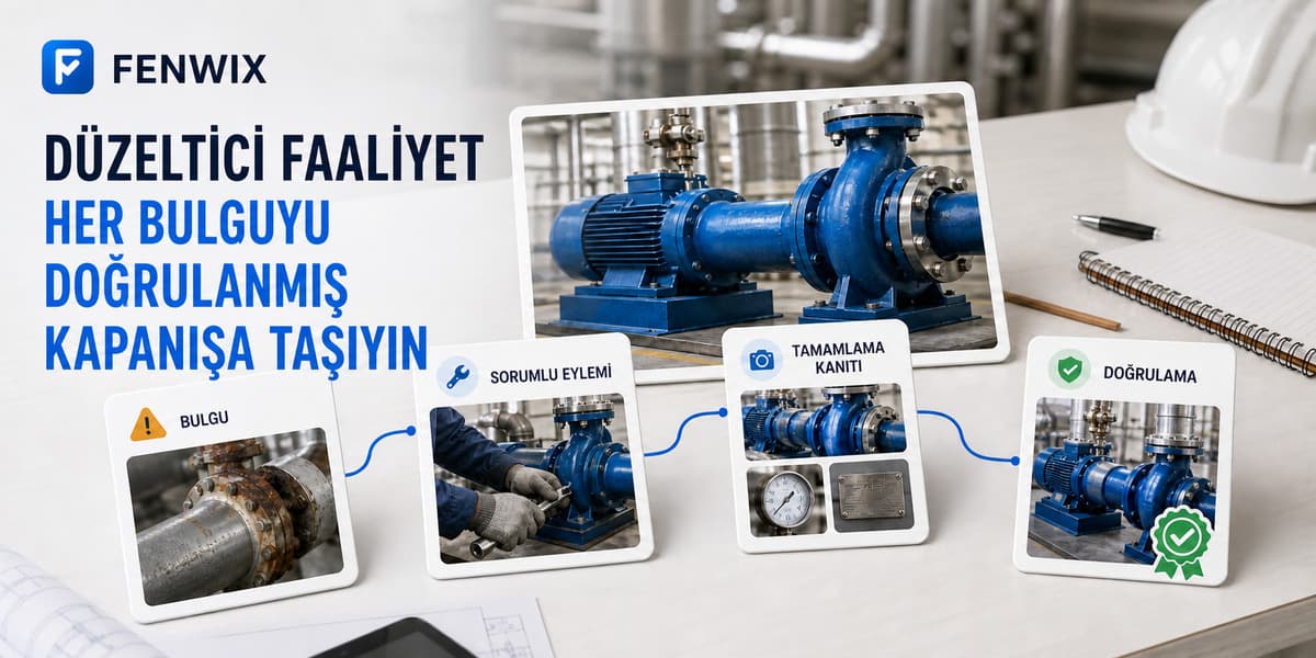 Bulgu, sorumlu, tamamlanma kanıtı ve doğrulamayı kapalı döngüde bağlayan düzeltici faaliyet diyagramı.