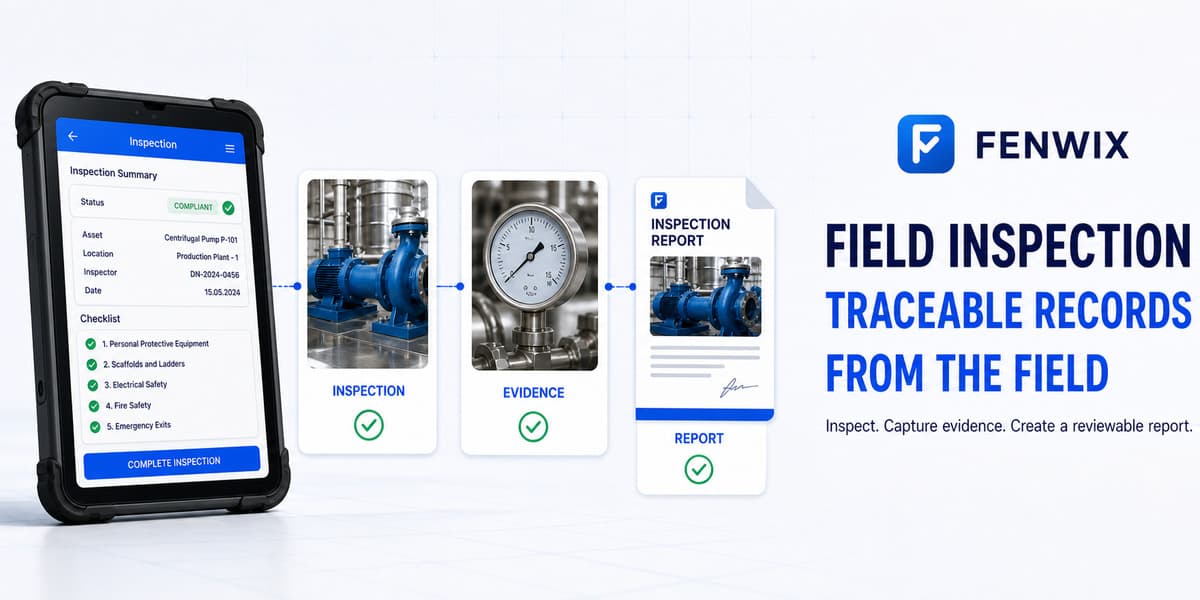 Diagram showing a field inspection progressing from inspection to evidence and a reviewable report.