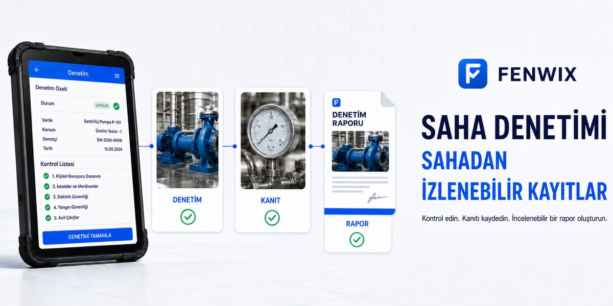 Saha denetiminin kontrolden kanıta ve incelenebilir rapora ilerleyişini gösteren diyagram.