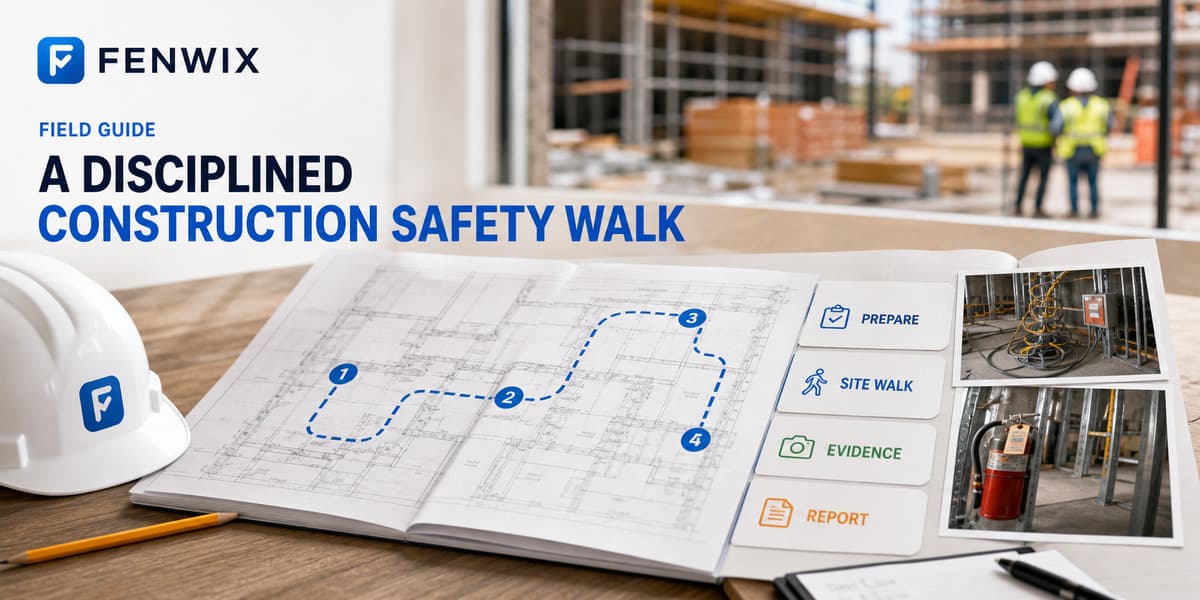 Construction safety inspection walkthrough from preparation and field route to evidence and report.