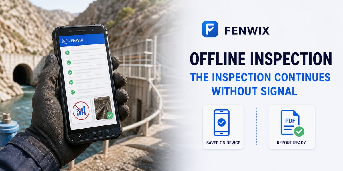 Offline-first diagram showing inspection records saved on the device and turned into a field report without a network.