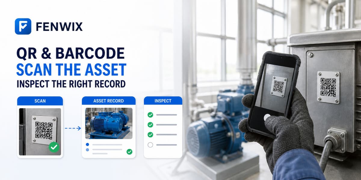 QR and barcode flow showing an asset scan resolving the correct record before inspection.