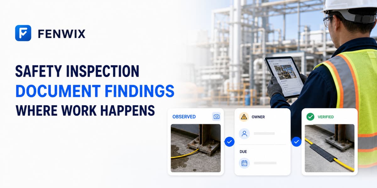 Safety finding workflow showing an observed issue, owner, due date and verified closure.