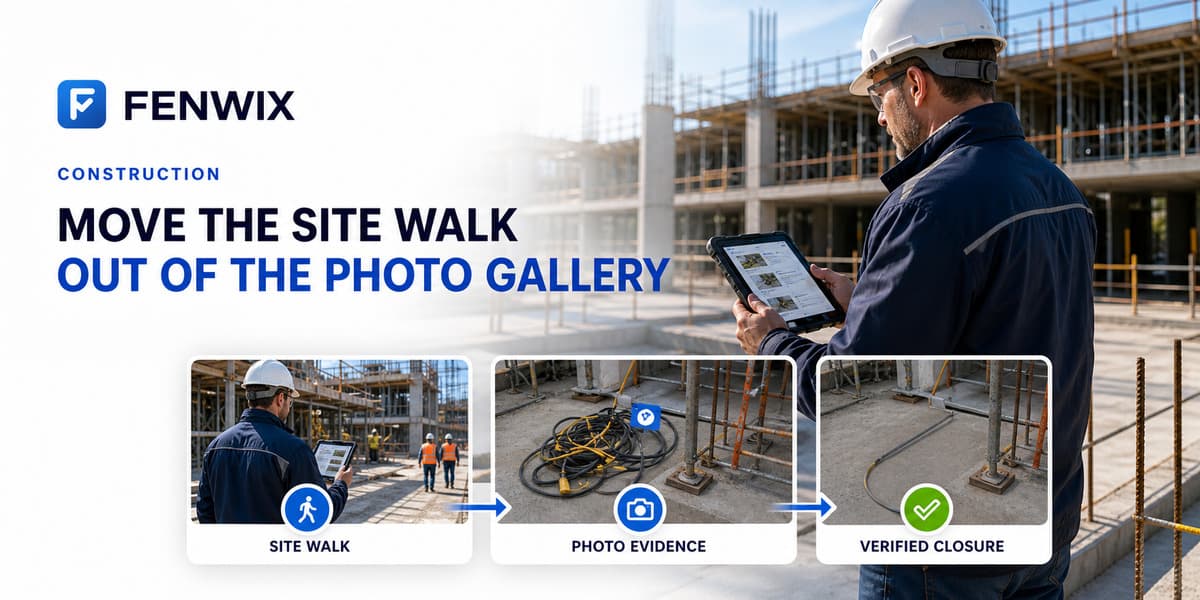 Construction safety workflow linking a site walk to photo evidence and verified finding closure.