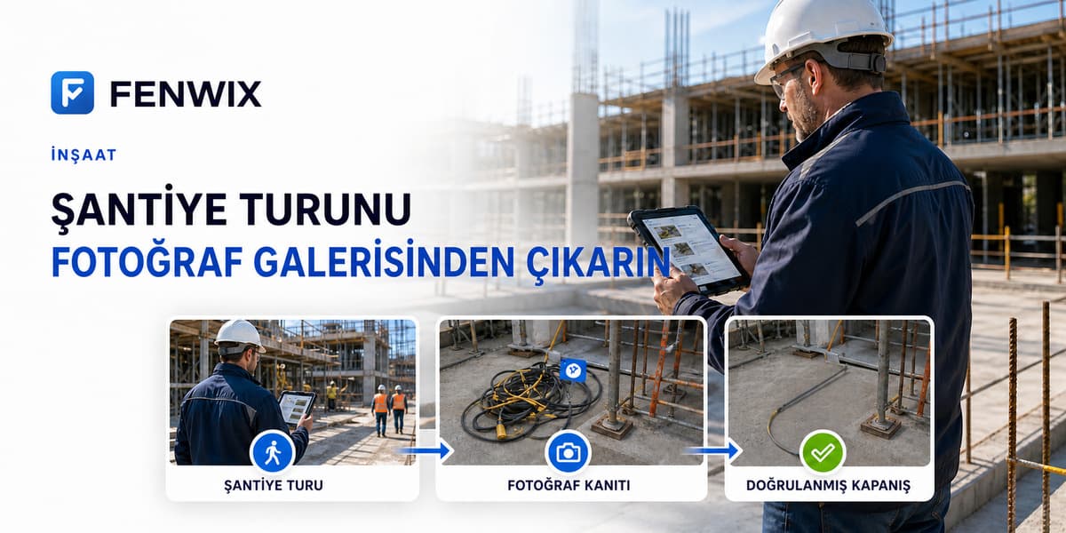 Şantiye turunu fotoğraf kanıtına ve doğrulanmış bulgu kapanışına bağlayan inşaat güvenliği akışı.
