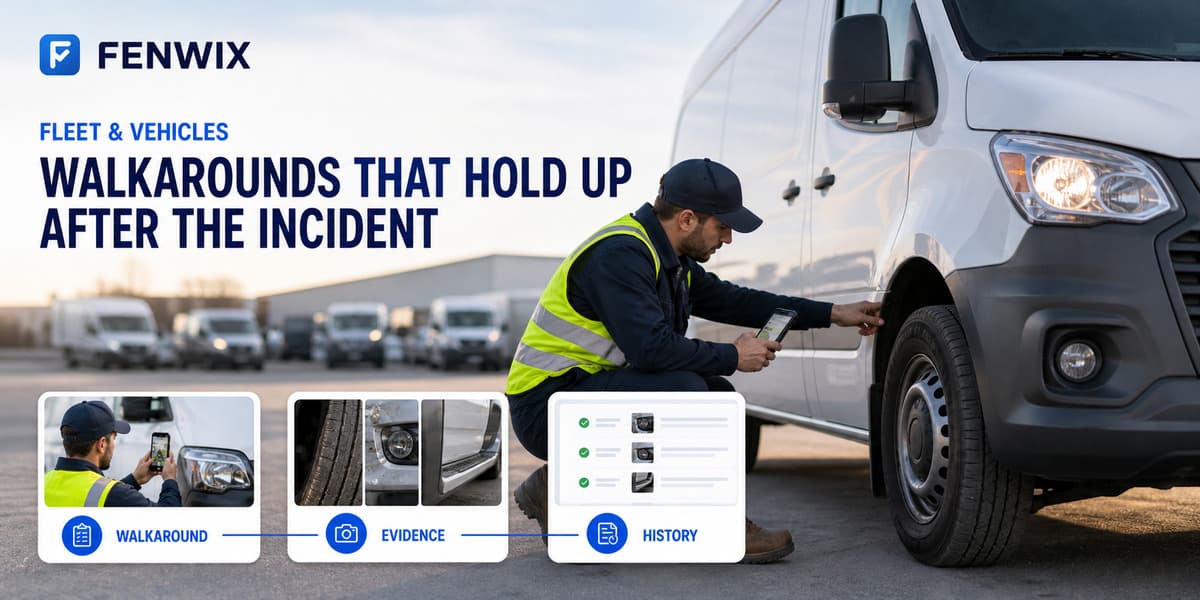 Vehicle-centered inspection diagram linking a walkaround to retained evidence and history.