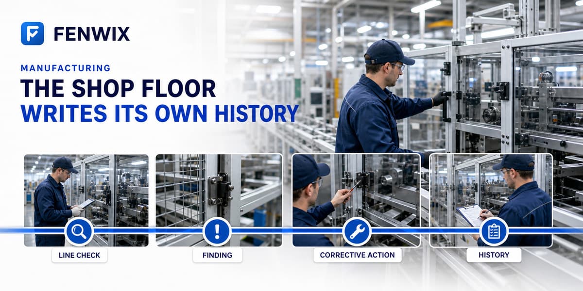 Manufacturing inspection timeline from production line check to finding and retained history.