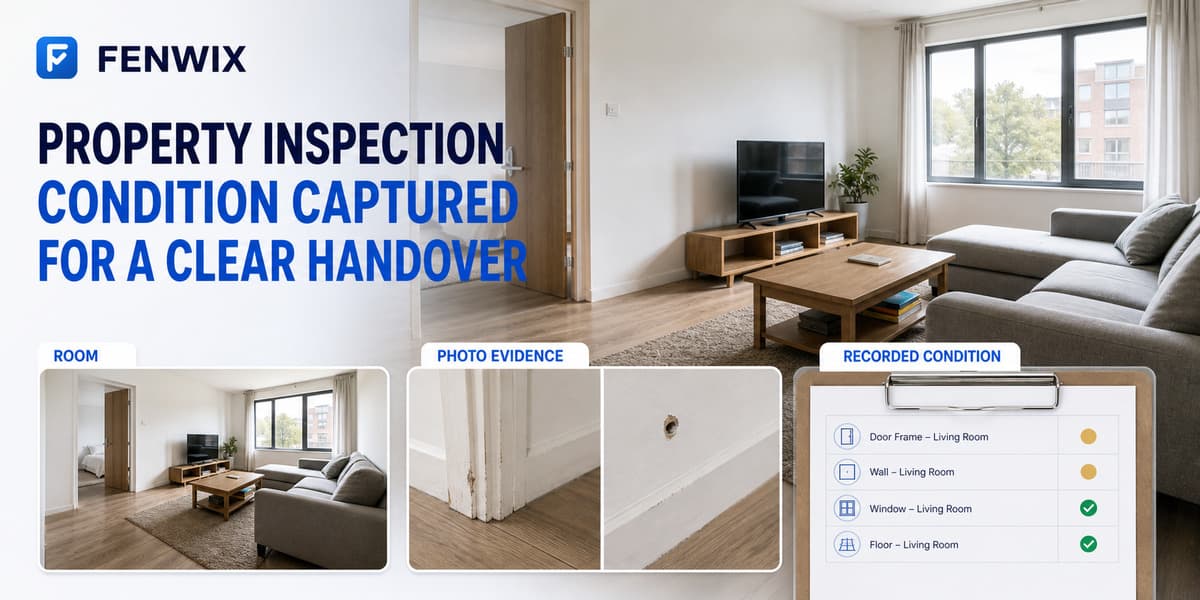 Property handover diagram connecting a room, photo evidence and a recorded condition.
