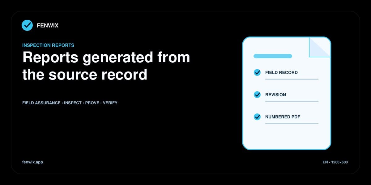 Diagram of a field record becoming a revision-aware, numbered PDF inspection report.