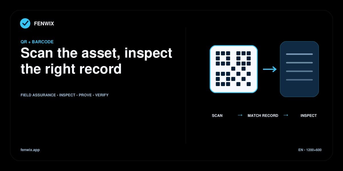 QR and barcode flow showing an asset scan resolving the correct record before inspection.