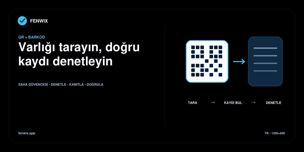 Varlık taramasının denetim öncesinde doğru kaydı bulmasını gösteren QR ve barkod akışı.