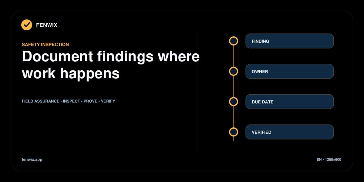 Safety finding workflow showing an observed issue, owner, due date and verified closure.