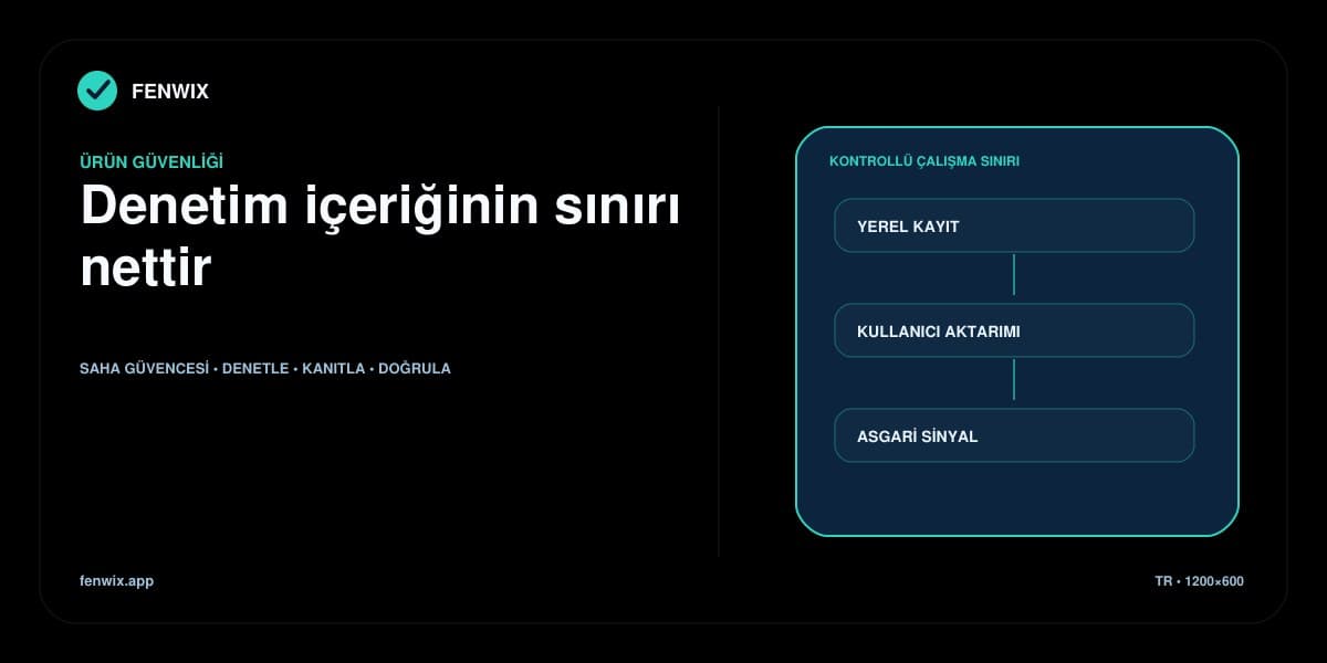 Yerel denetim kaydı, kullanıcı başlatmalı dışa aktarım ve asgari ürün sinyallerini ayıran güvenlik sınırı diyagramı.