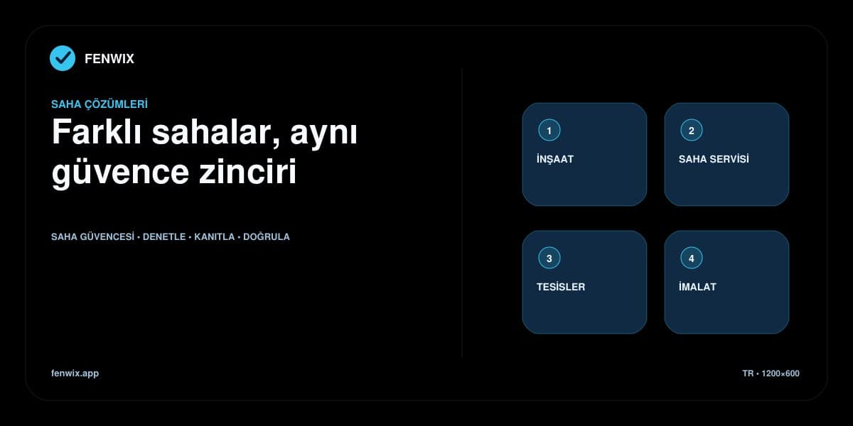 Tek güvence akışının inşaat, saha servisi, tesis ve imalat ortamlarına uygulanmasını gösteren sektör haritası.